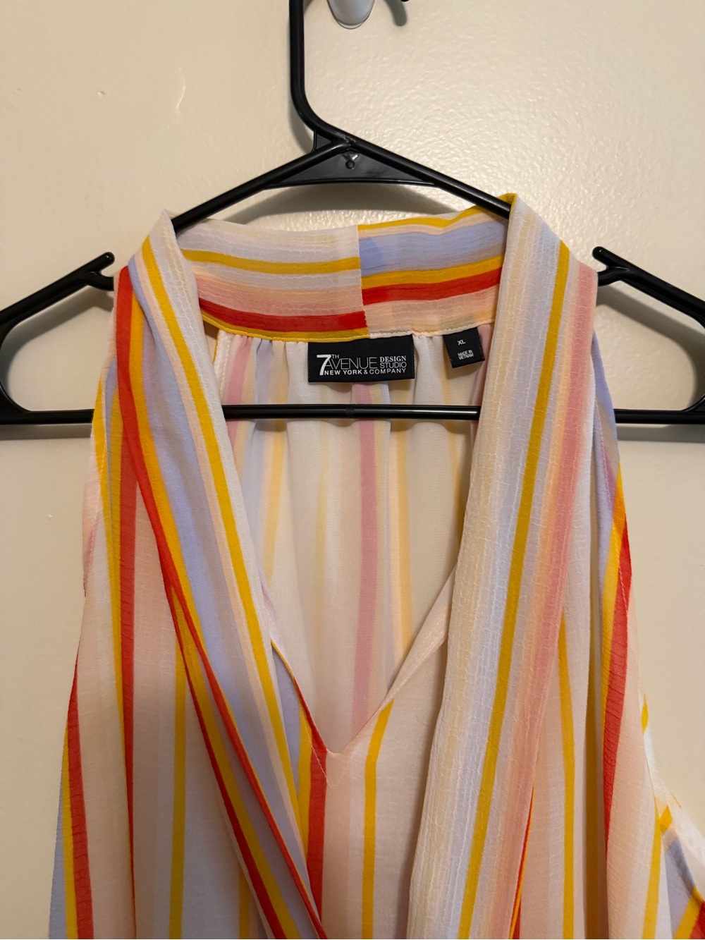 7th Avenue Striped Tie-Neck Blouse in White, Yellow & Orange - Picture 4 of 6